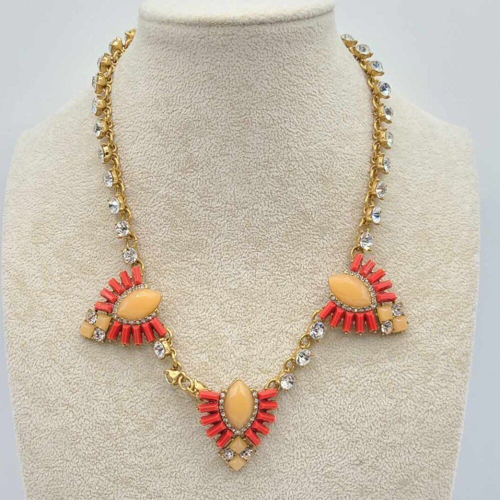 J Crew Crystal Tennis Necklace with Three orange resin Crystal Stations Necklace